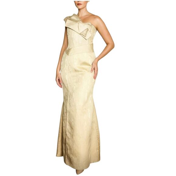 Carolina Herrera Gold Metallic Jacquard Evening Gown One Shoulder Structured 12 - Picture 1 of 13